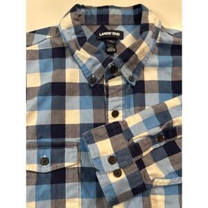Lands’ End Men’s Traditional Fit Blue Plaid Flannel XL Shirt Casual Winter Wear